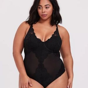 Black mesh and lace underwire thong body suit